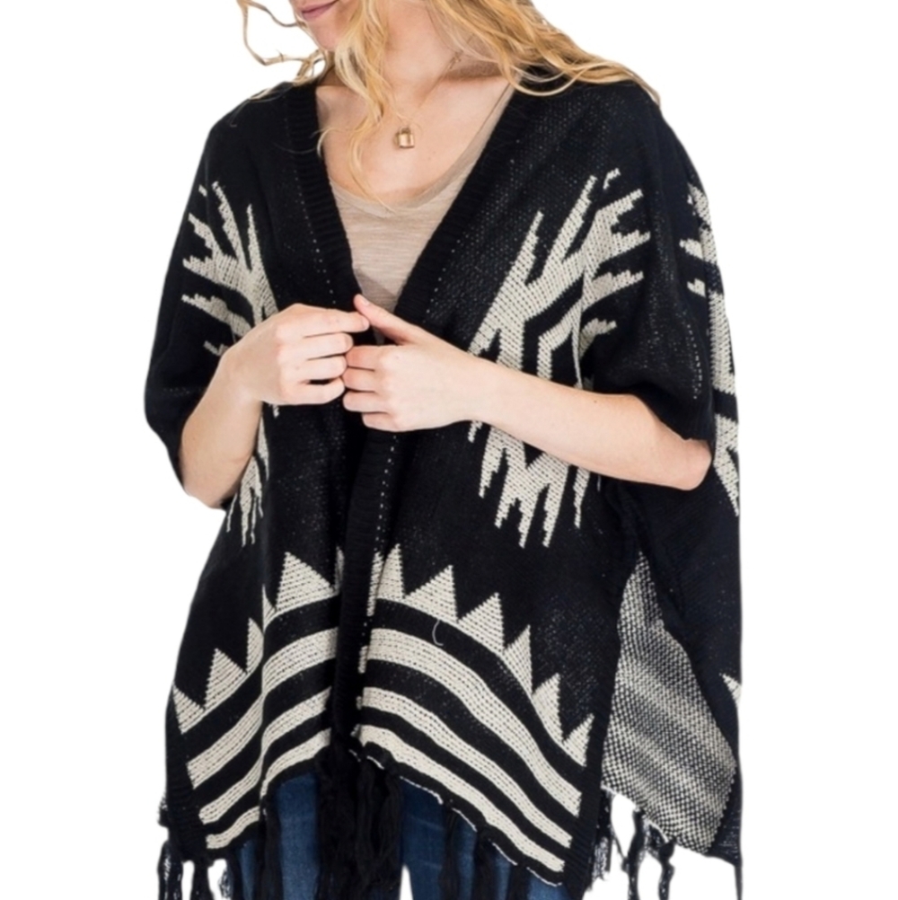 New Arrival! Black/White Poncho Aztec Design NWT